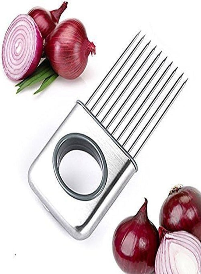 we3 Stainless Steel, Plastic Onion Holder Cutter Slicer Vegetable Tools Tomato Cutter, Silver - Image 2